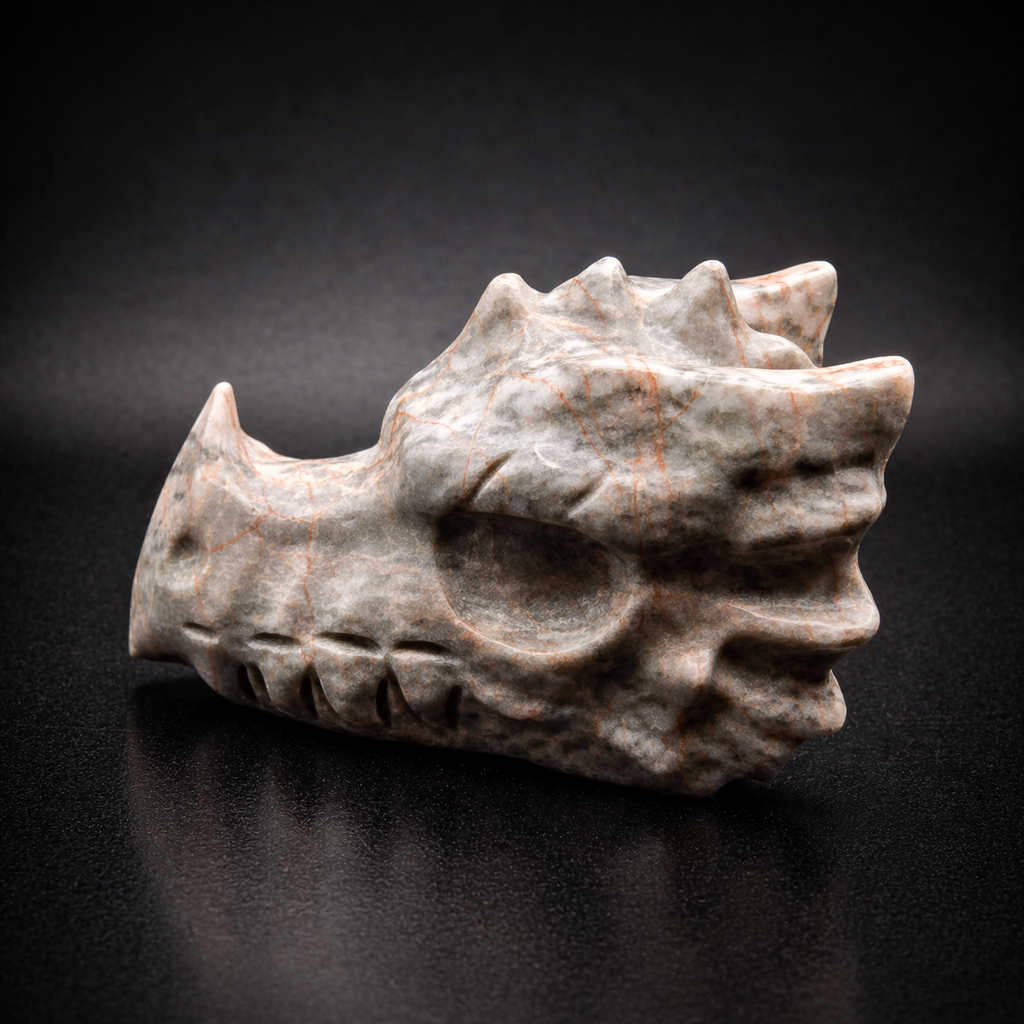 Peach and Grey Jasper Dragon Head Carving