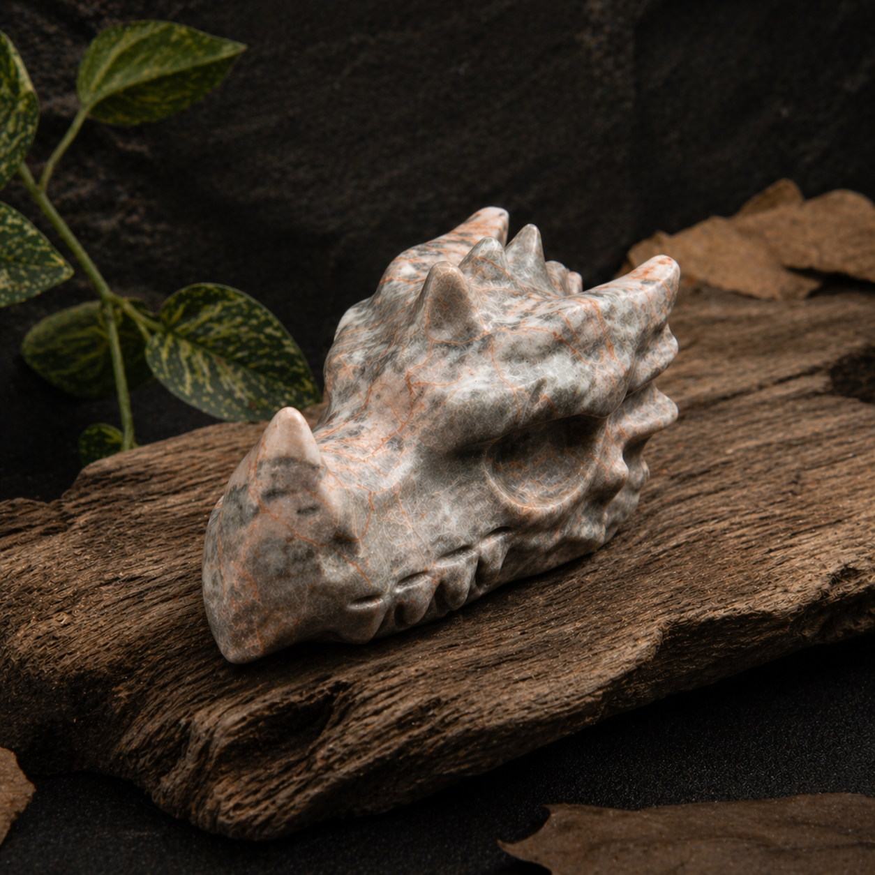Peach and Grey Jasper Dragon Head Carving