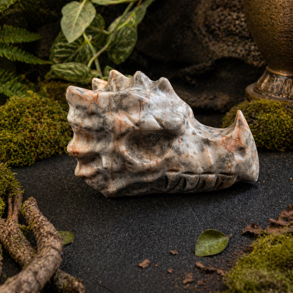 Peach and Grey Jasper Dragon Head Carving