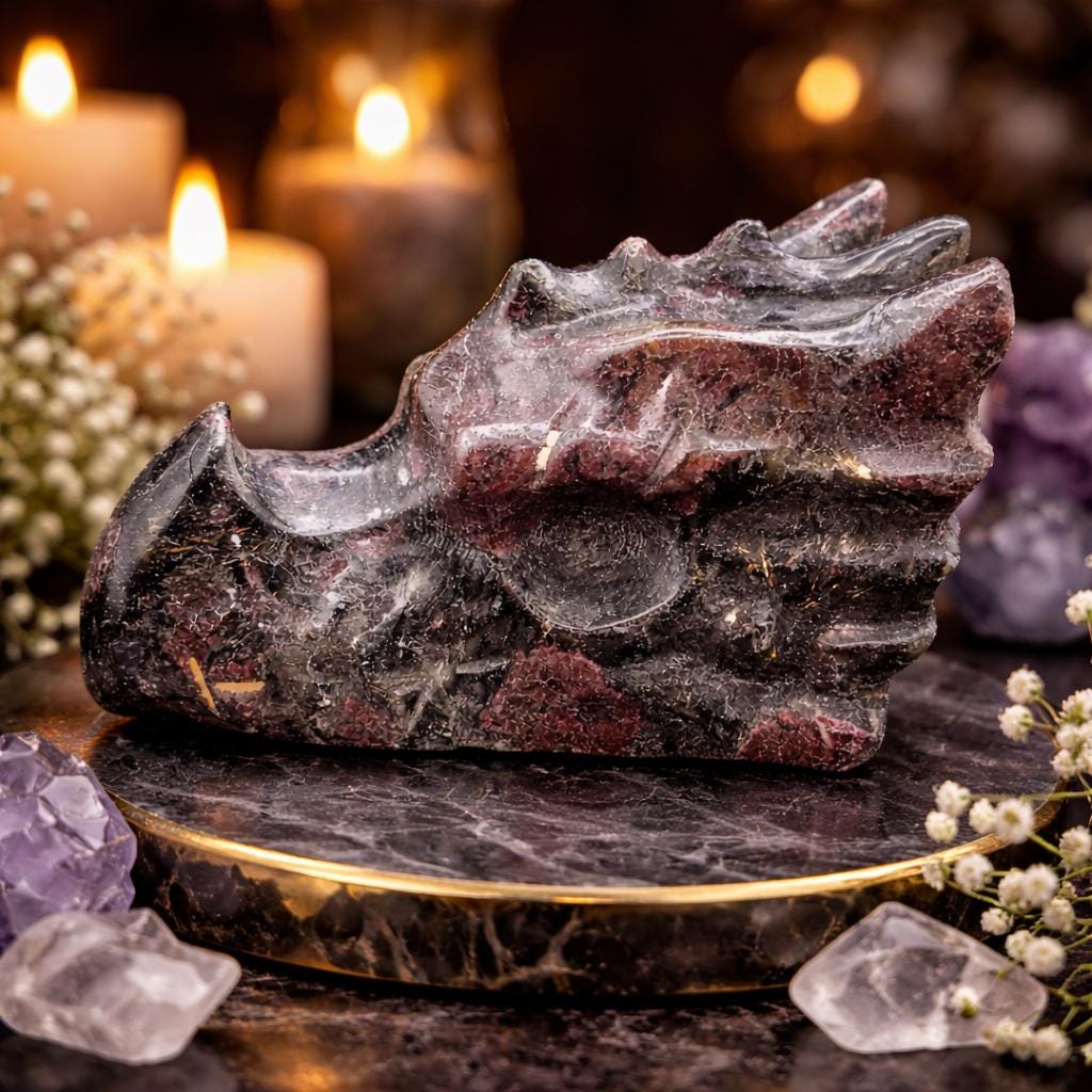 Garnet in Quartz Dragon Head Carving