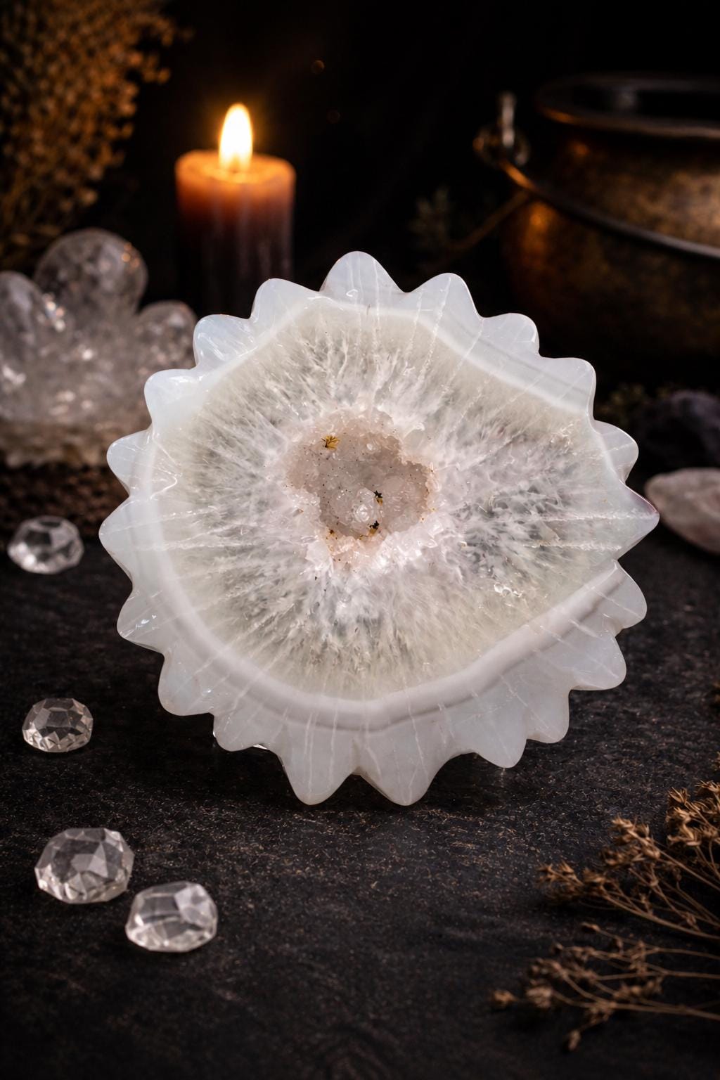 White Agate Sun Carving – Druzy Crystal Flower Altar Display Piece