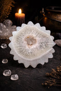 White Agate Sun Carving – Druzy Crystal Flower Altar Display Piece