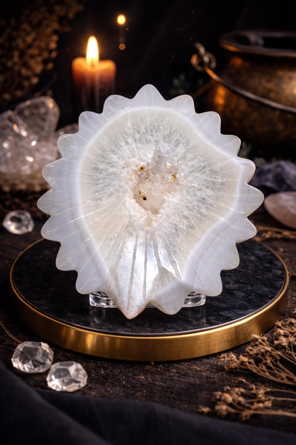 White Agate Sun Carving – Druzy Crystal Flower Altar Display Piece