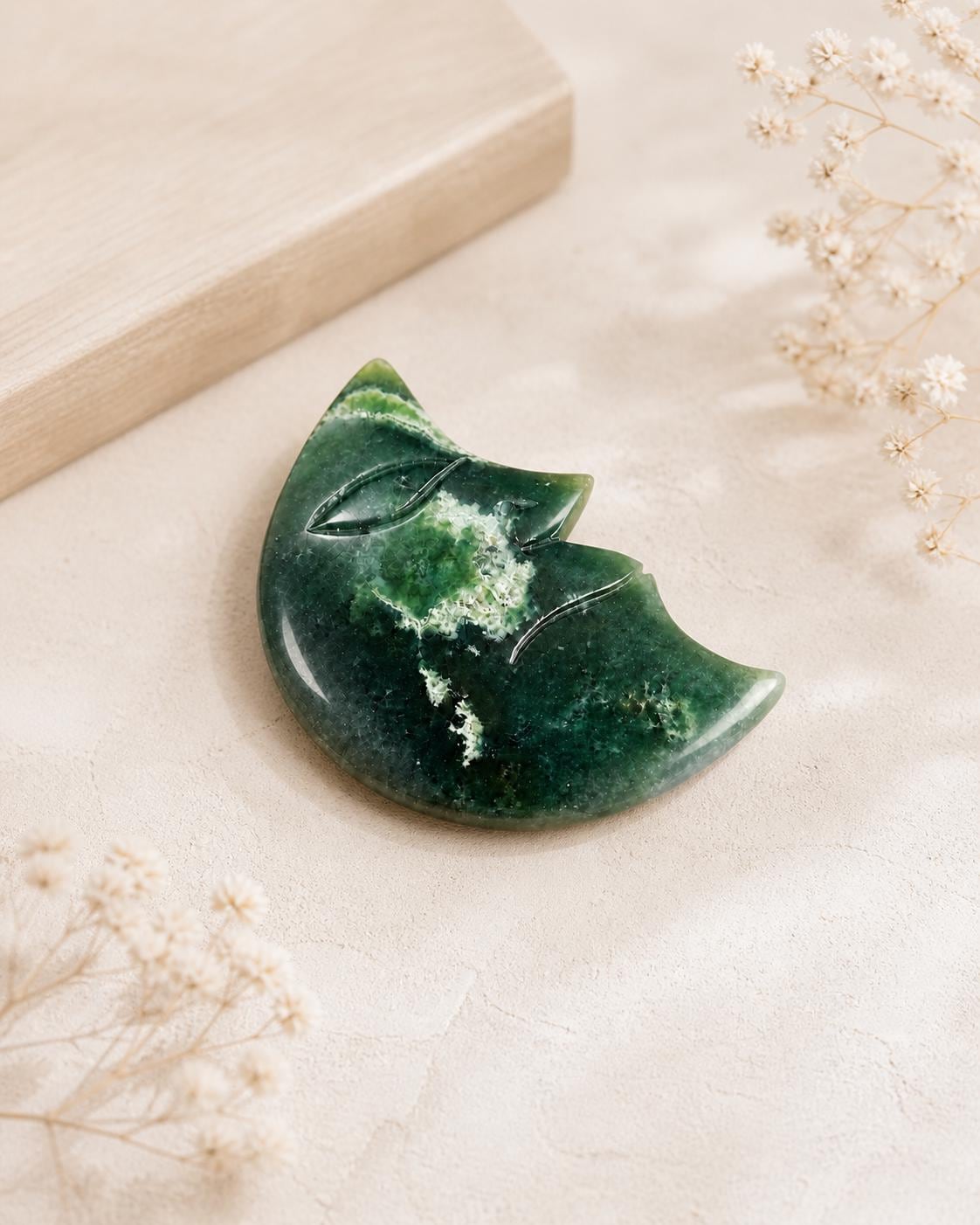 Moss Agate Moon Face Carving