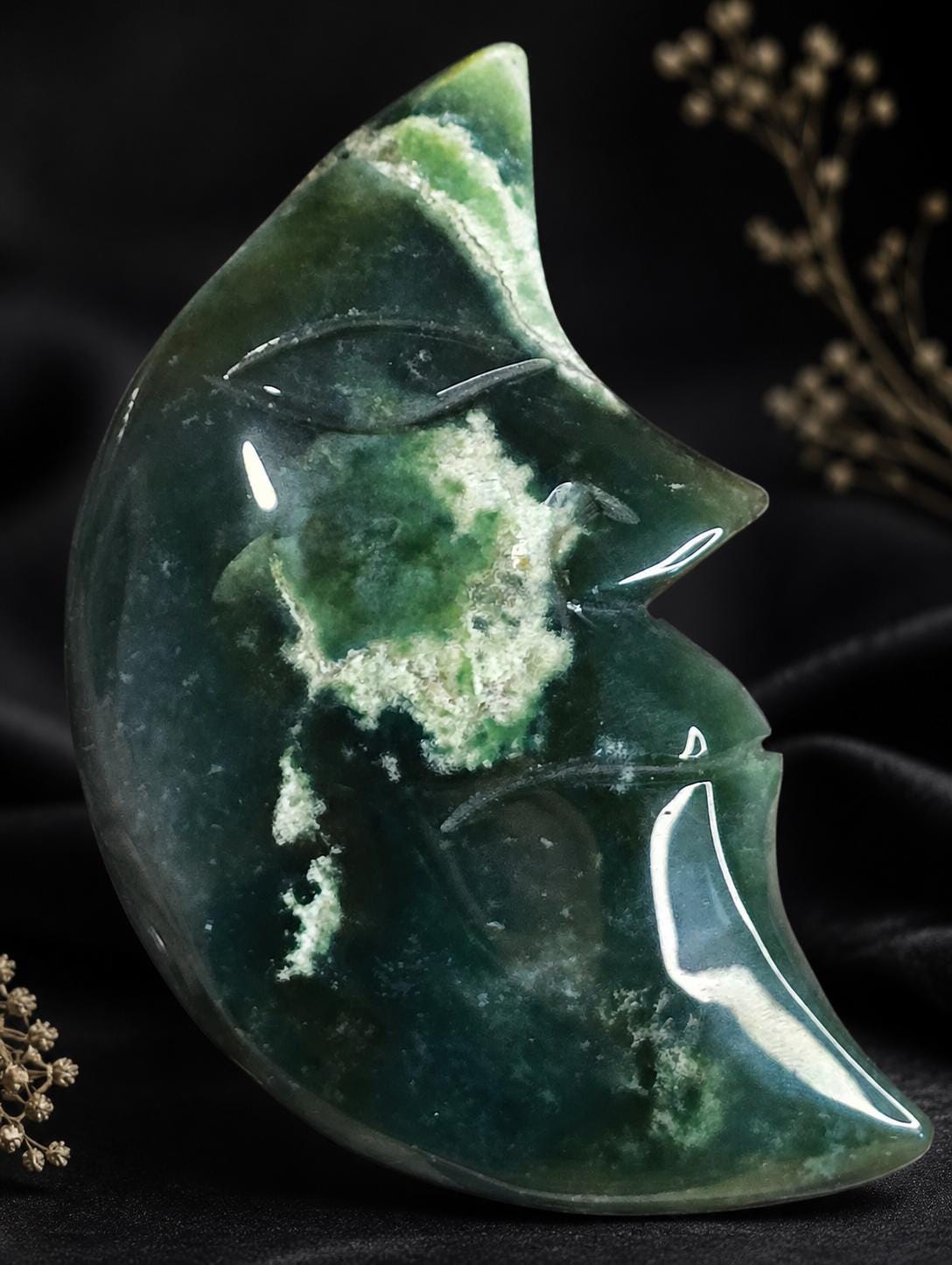 Moss Agate Moon Face Carving