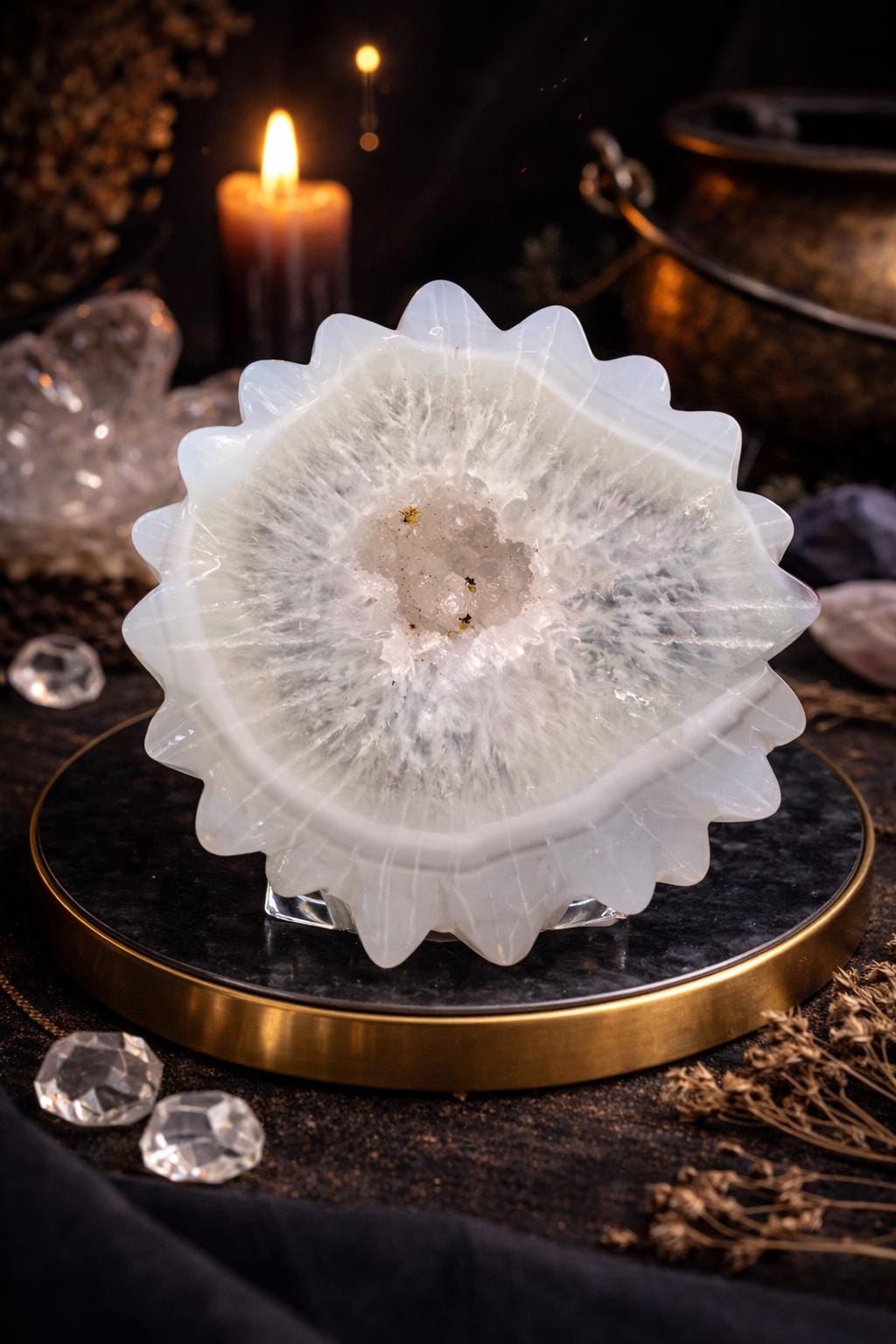 White Agate Sun Carving – Druzy Crystal Flower Altar Display Piece