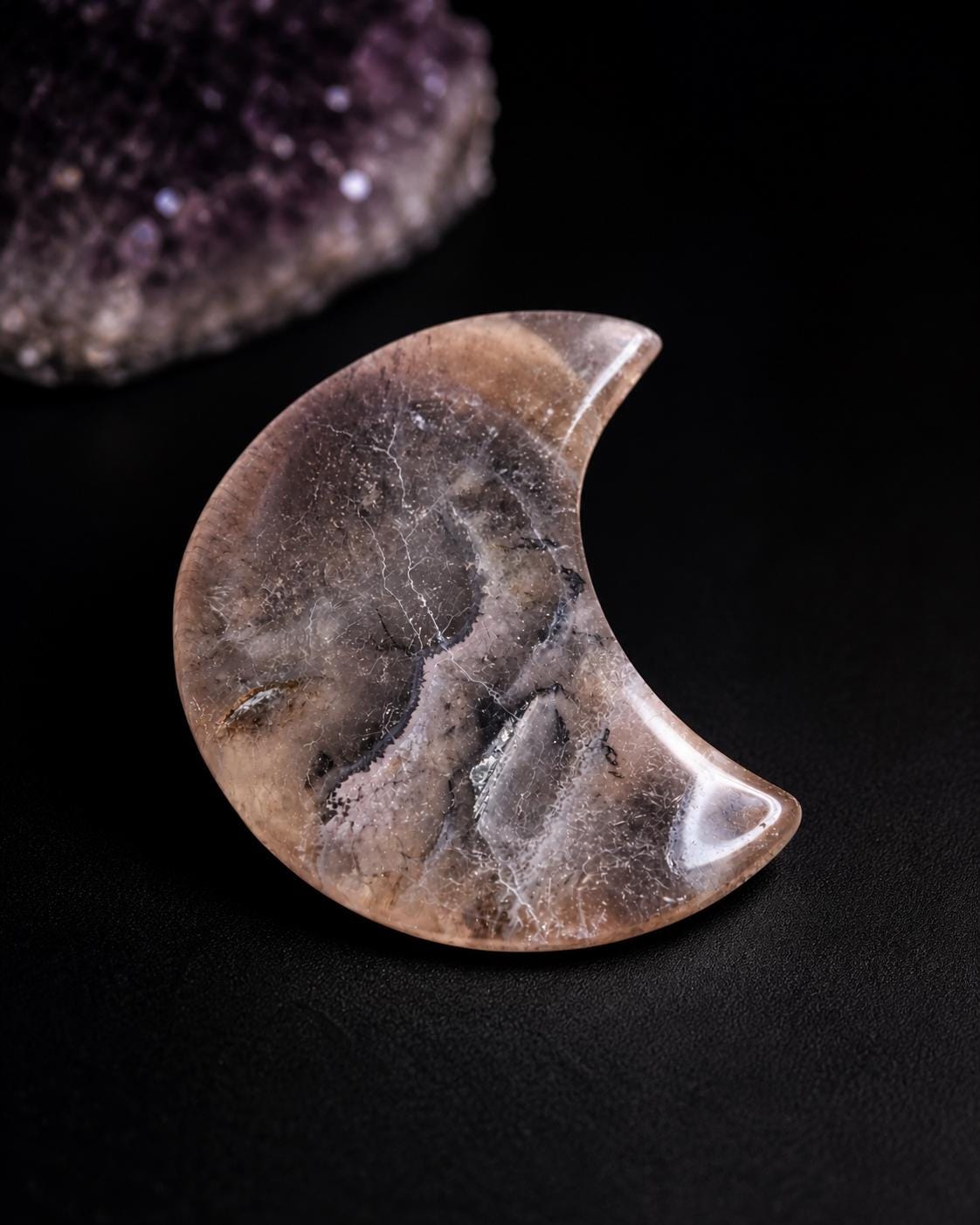 Smoky Quartz Crystal Moon Carving