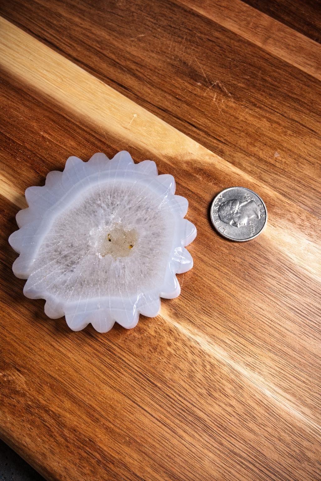 White Agate Sun Carving – Druzy Crystal Flower Altar Display Piece