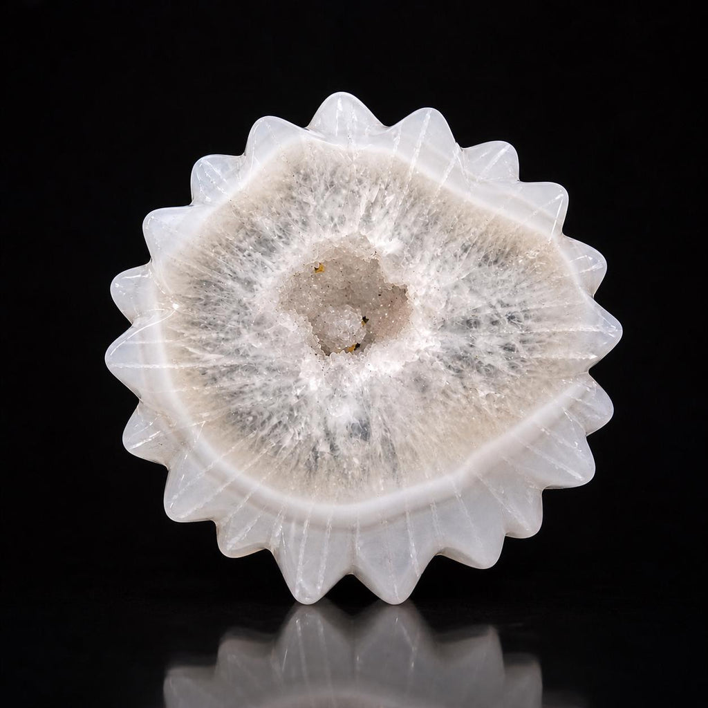 White Agate Sun Carving – Druzy Crystal Flower Altar Display Piece