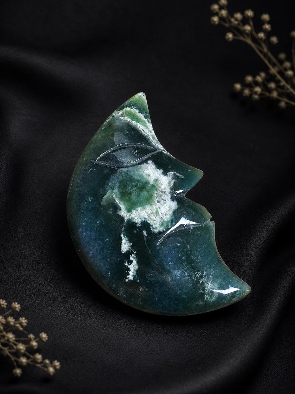 Moss Agate Moon Face Carving