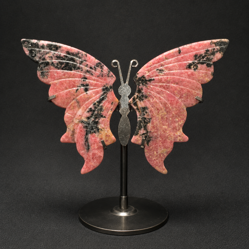 Pink Rhodonite Butterfly Carving on Stand