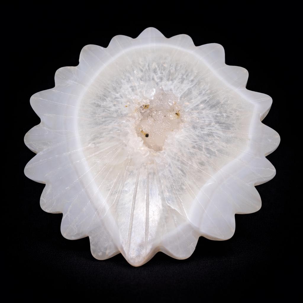 White Agate Sun Carving – Druzy Crystal Flower Altar Display Piece