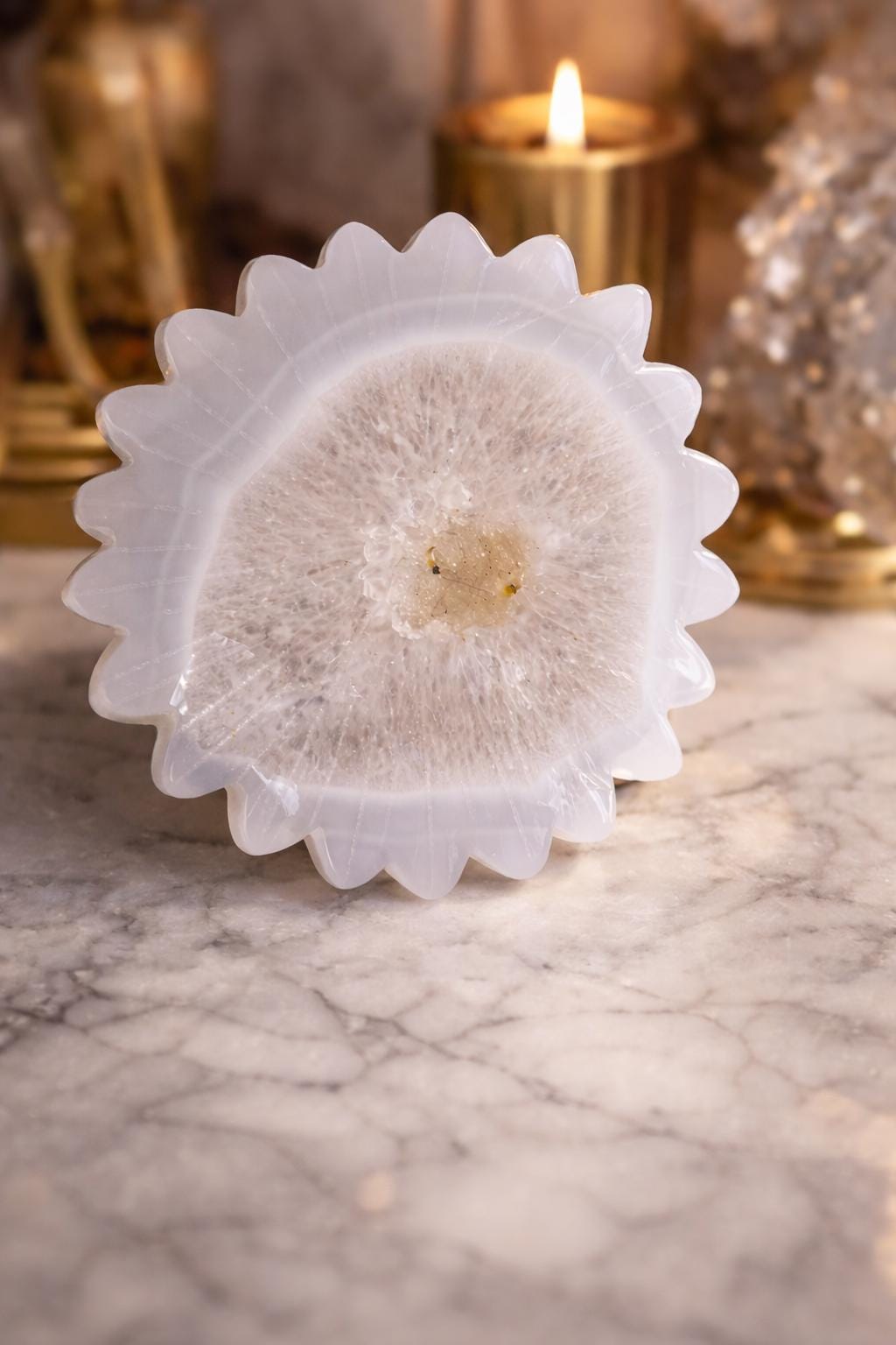 White Agate Sun Carving – Druzy Crystal Flower Altar Display Piece