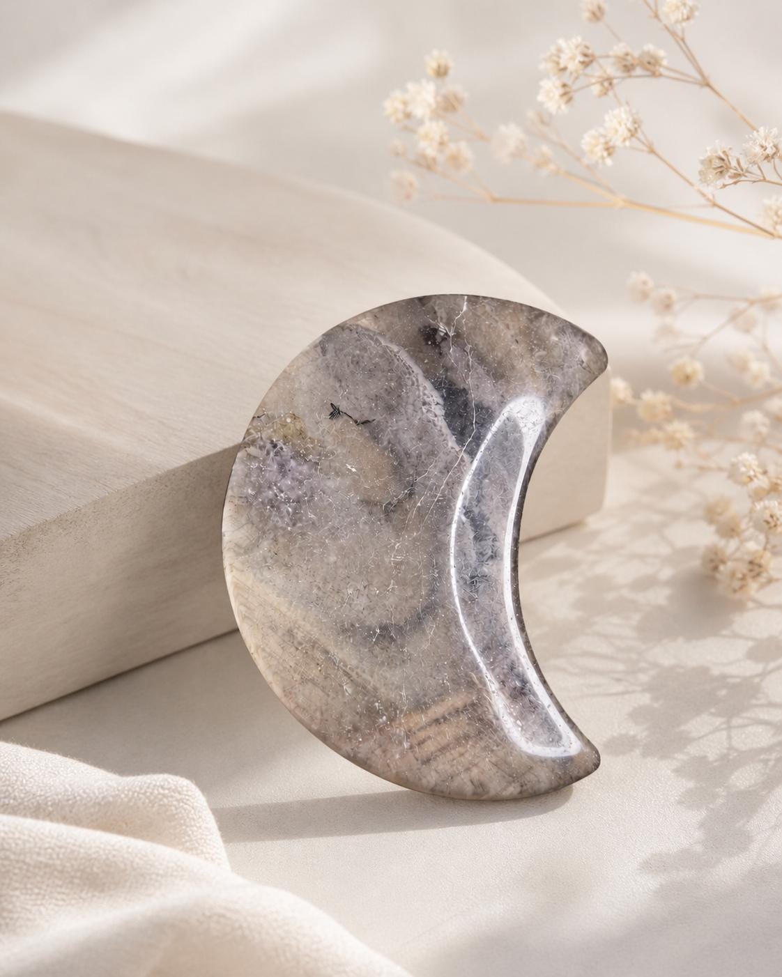 Smoky Quartz Crystal Moon Carving