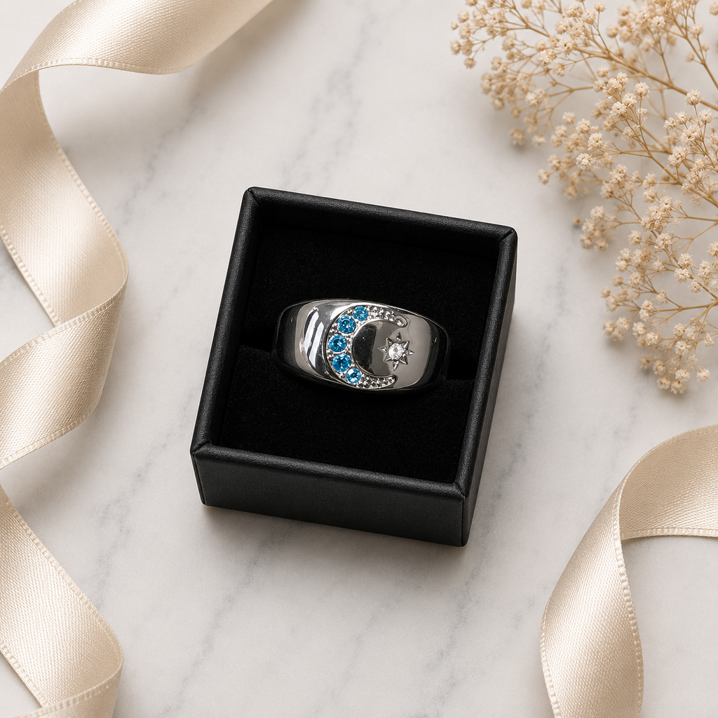 Celestial Moon & Star Ring with Blue Rhinestones