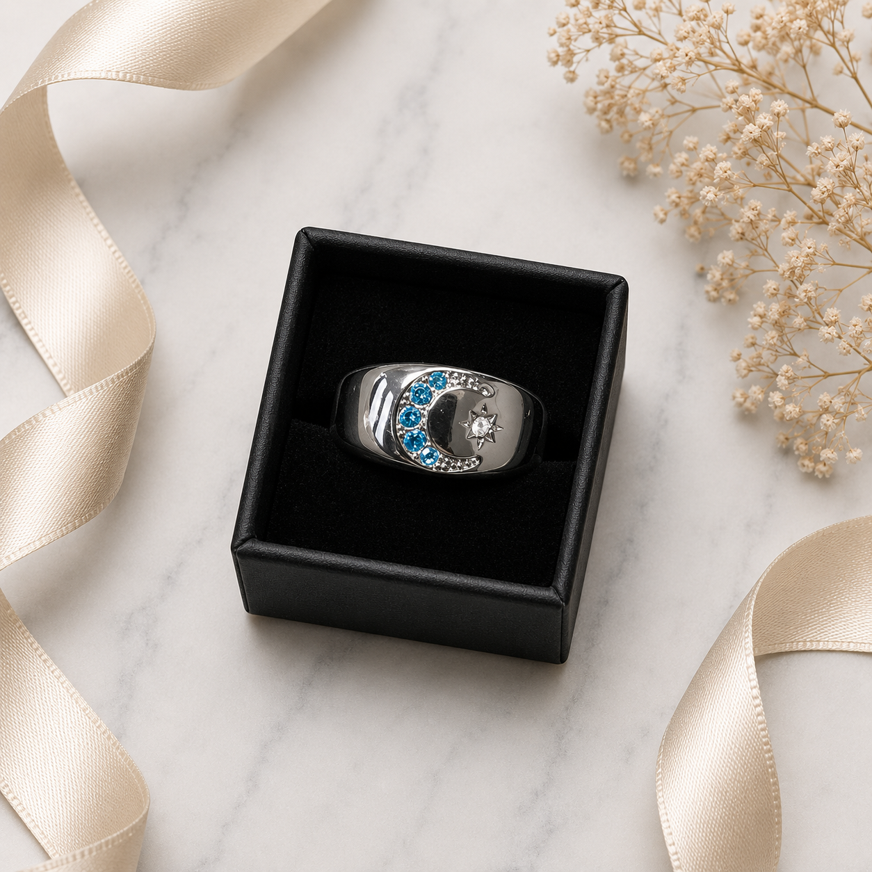 Celestial Moon & Star Ring with Blue Rhinestones
