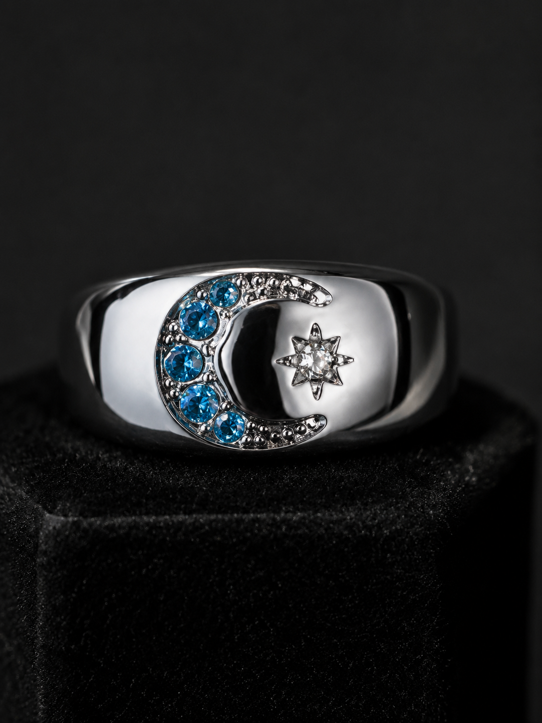 Celestial Moon & Star Ring with Blue Rhinestones
