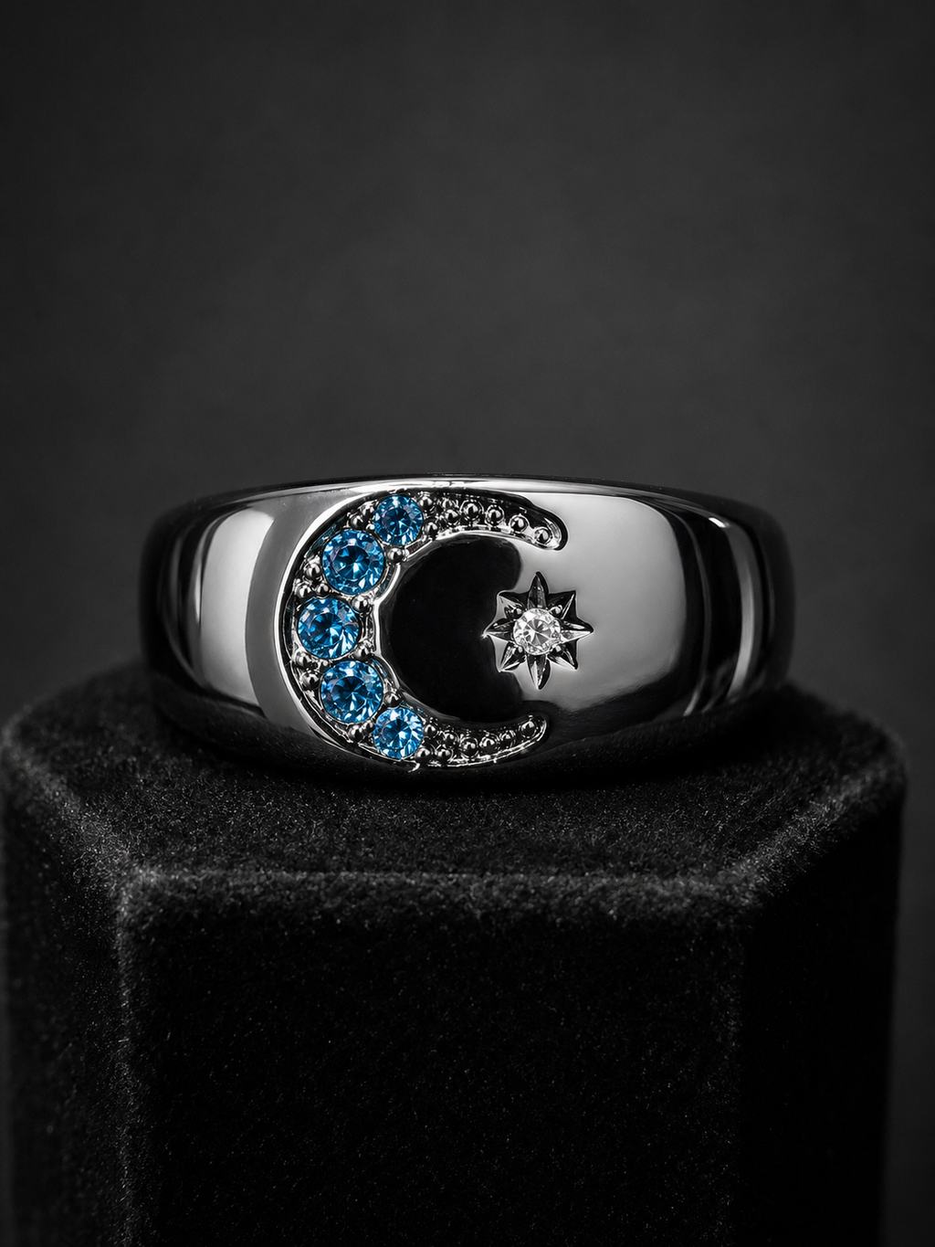 Celestial Moon & Star Ring with Blue Rhinestones