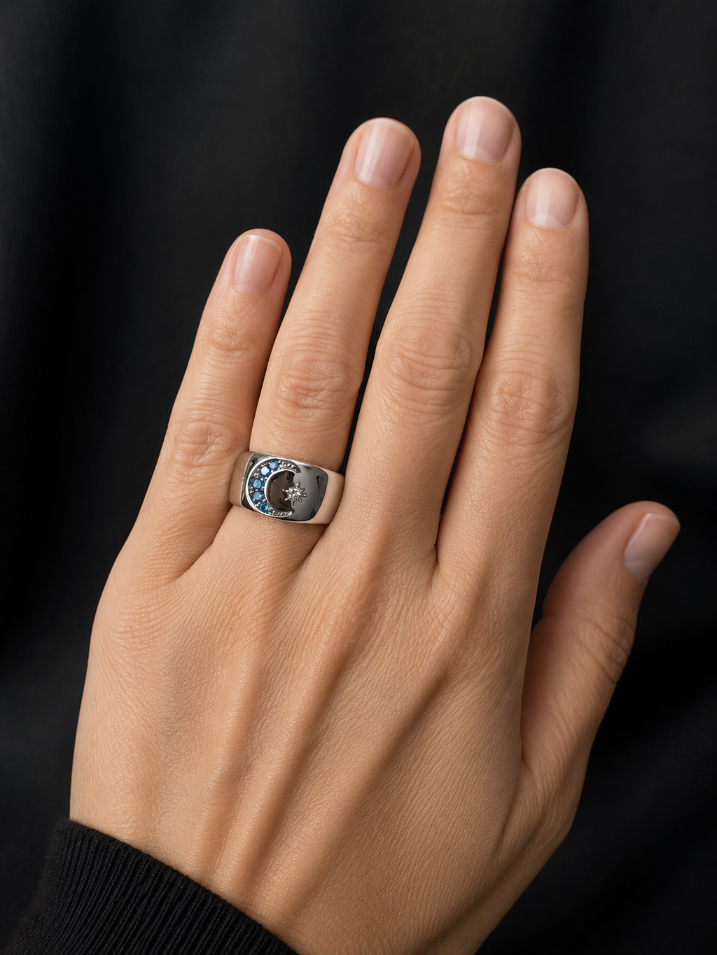 Celestial Moon & Star Ring with Blue Rhinestones
