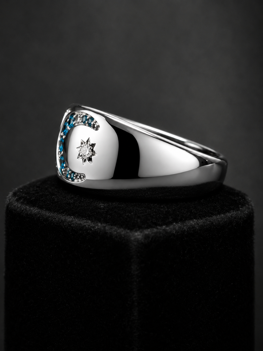 Celestial Moon & Star Ring with Blue Rhinestones