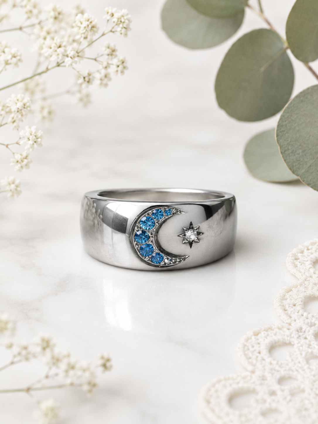 Celestial Moon & Star Ring with Blue Rhinestones