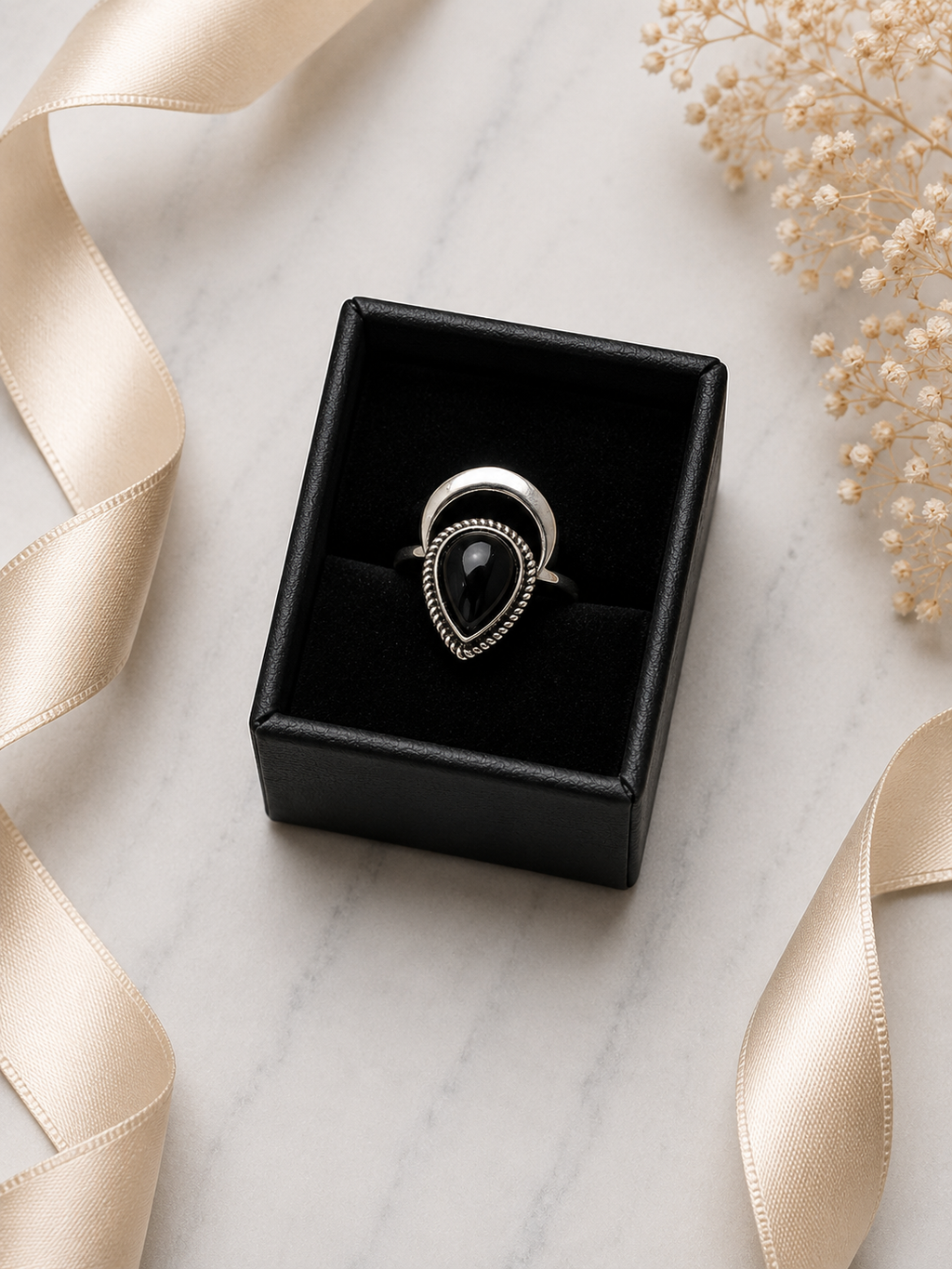 Black Onyx Crescent Moon Ring
