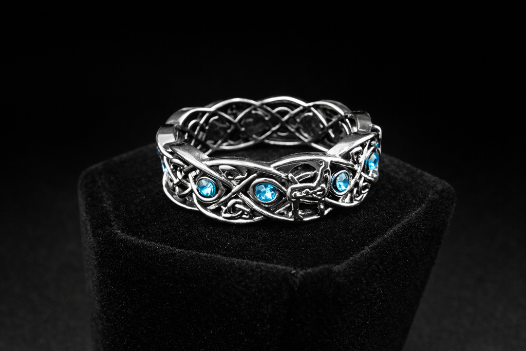 Celtic Wolf Ring with Blue Rhinestone Accents