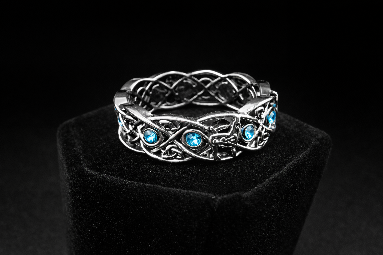 Celtic Wolf Ring with Blue Rhinestone Accents