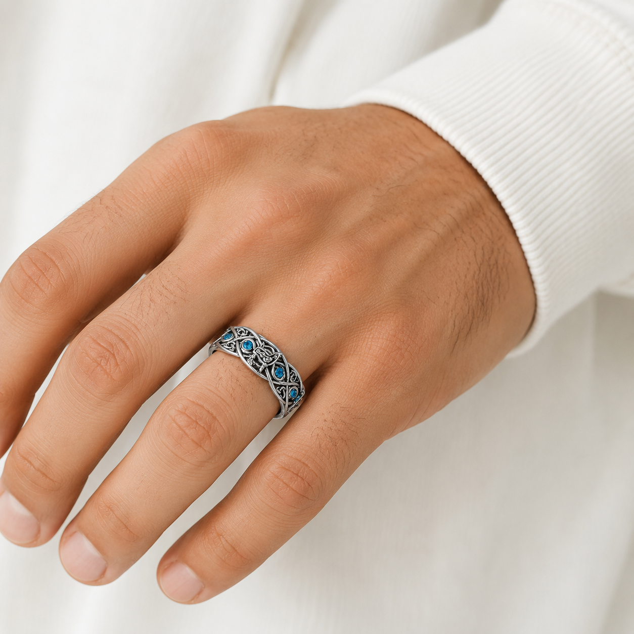 Celtic Wolf Ring with Blue Rhinestone Accents