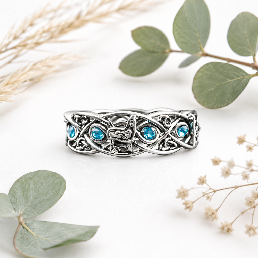 Celtic Wolf Ring with Blue Rhinestone Accents