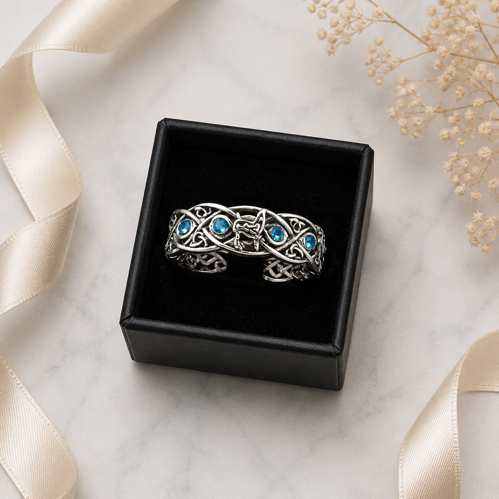 Celtic Wolf Ring with Blue Rhinestone Accents