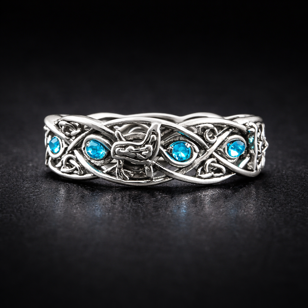 Celtic Wolf Ring with Blue Rhinestone Accents